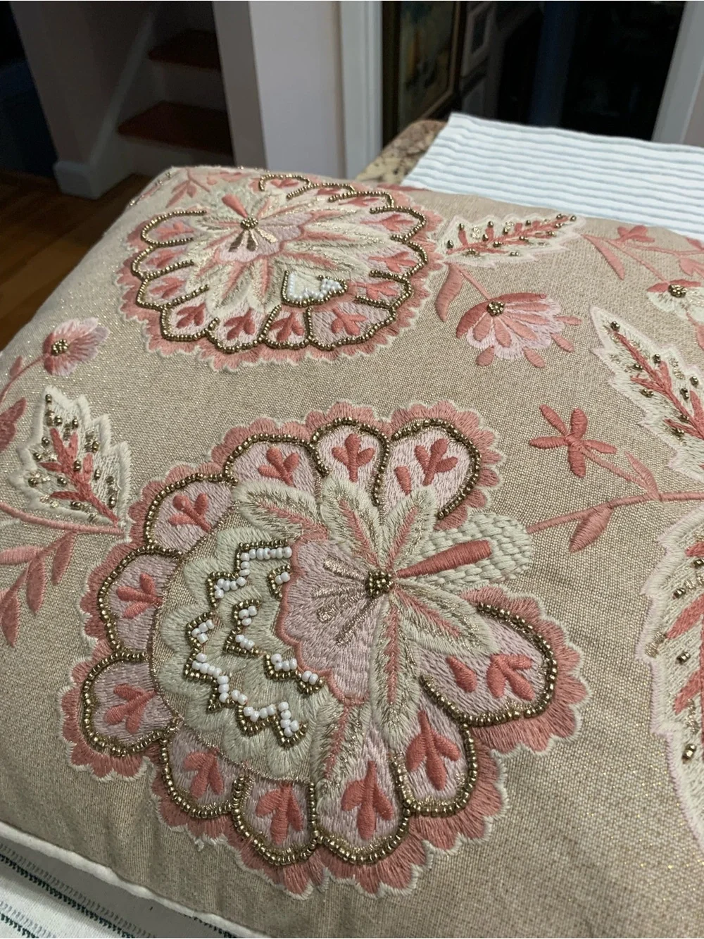 Pier 1 Embroidered Pillow with Pink Floral Accents